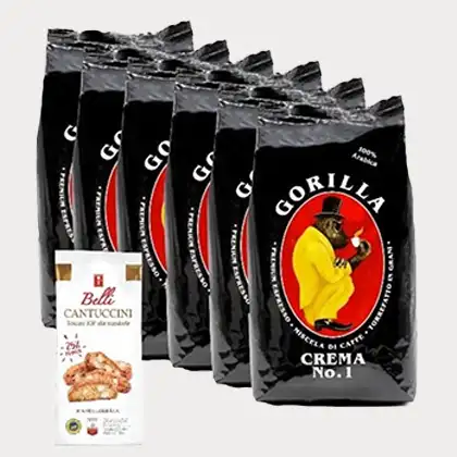 Päckchen mit Gorilla Kaffee für Barista und Kaffeehäuser sowie Tafel Schokolade im Vordergrund