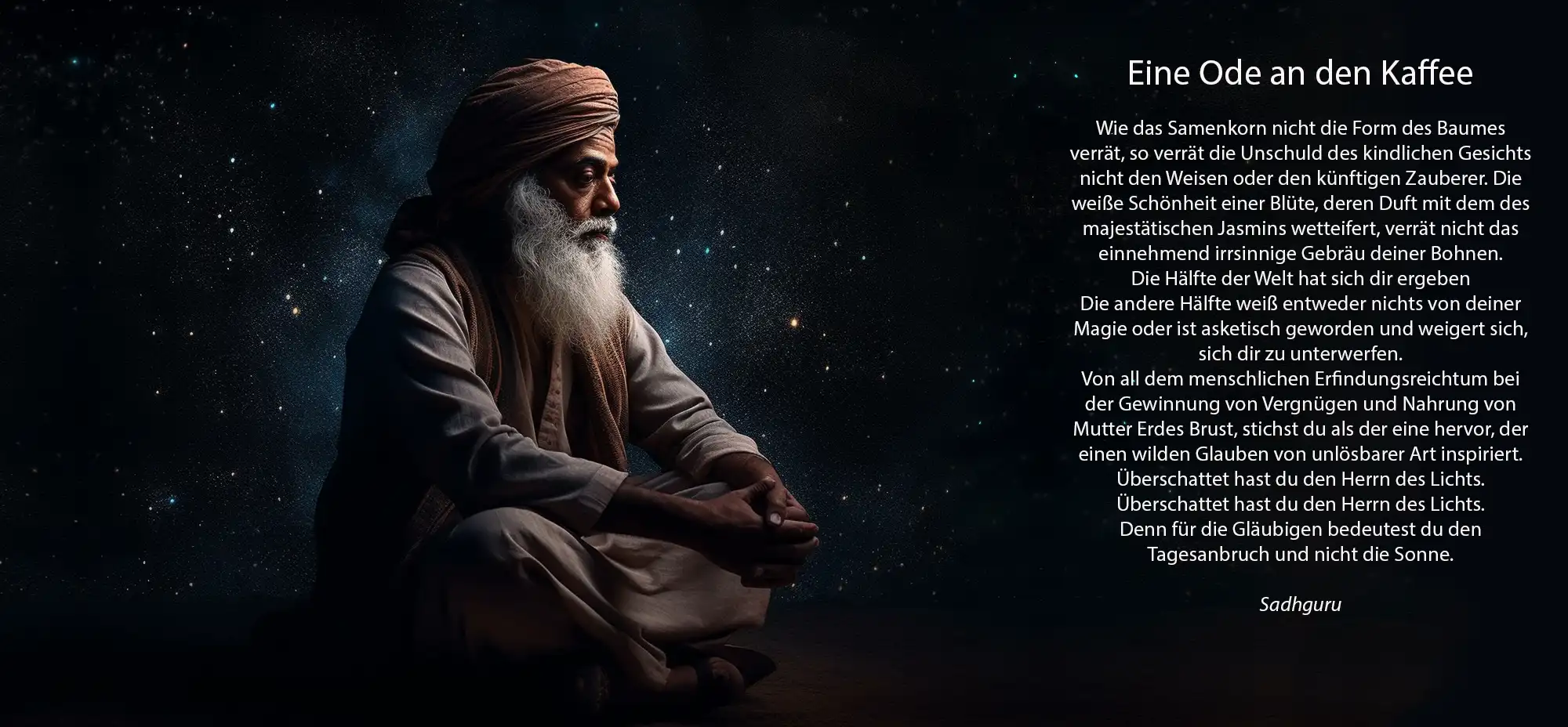 Indischer Guru sitzt im Schneidersitz vor Sternenhimmel, er wirkt nachdenklich, rechts ist ein Gedicht abgebildet, also als Fließtext