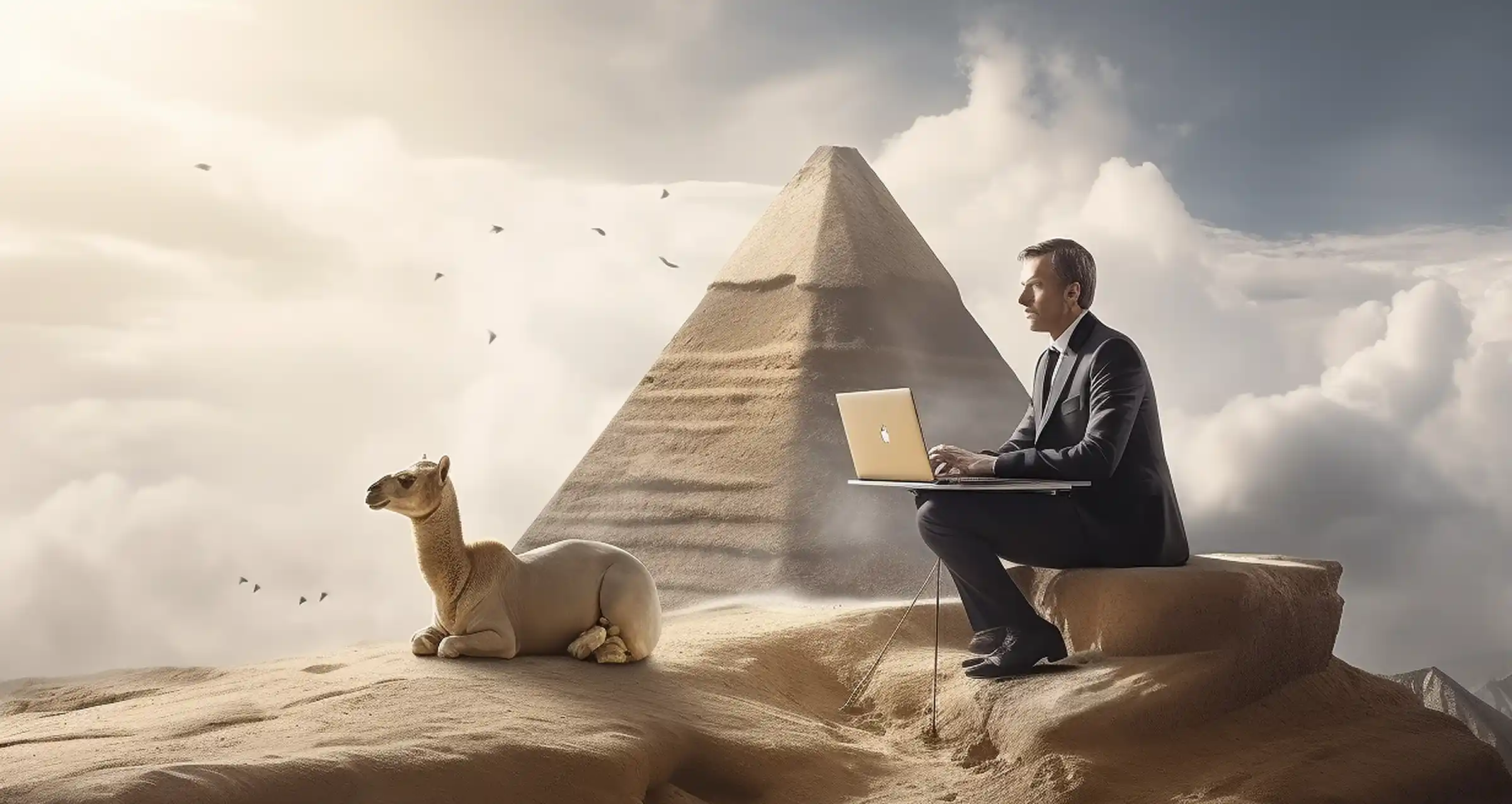 Der Historiker Yuval Noah Harari vor einer Pyramide. Unten befindet sich ein Kamel – alles inmitten von Covid-19.