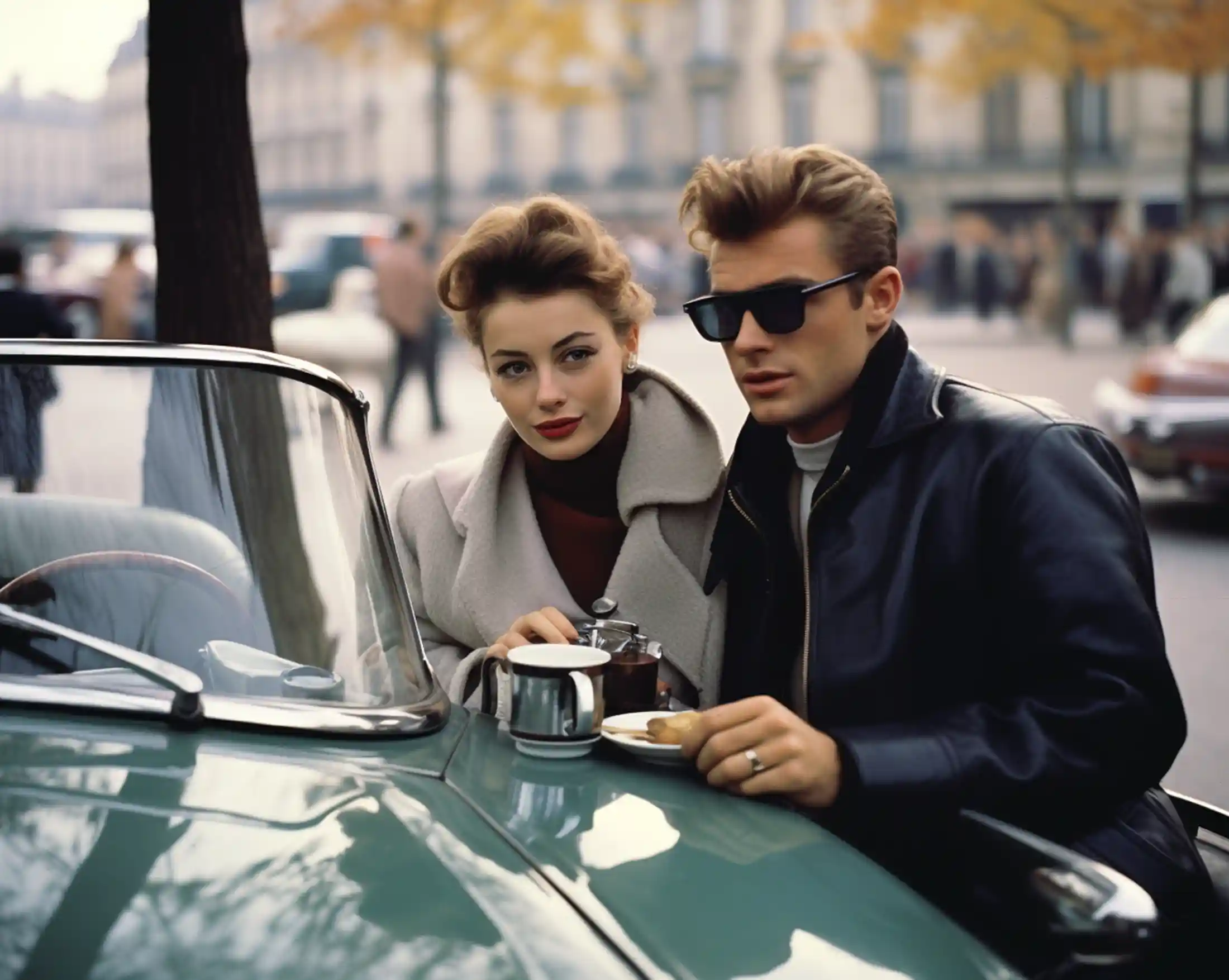 Person, die aussieht wie James Dean mit einer Freundin, Kaffeetassen stehen auf einem alten Citroen,es geht um Kaffee trinken und einen schönen Ausflug