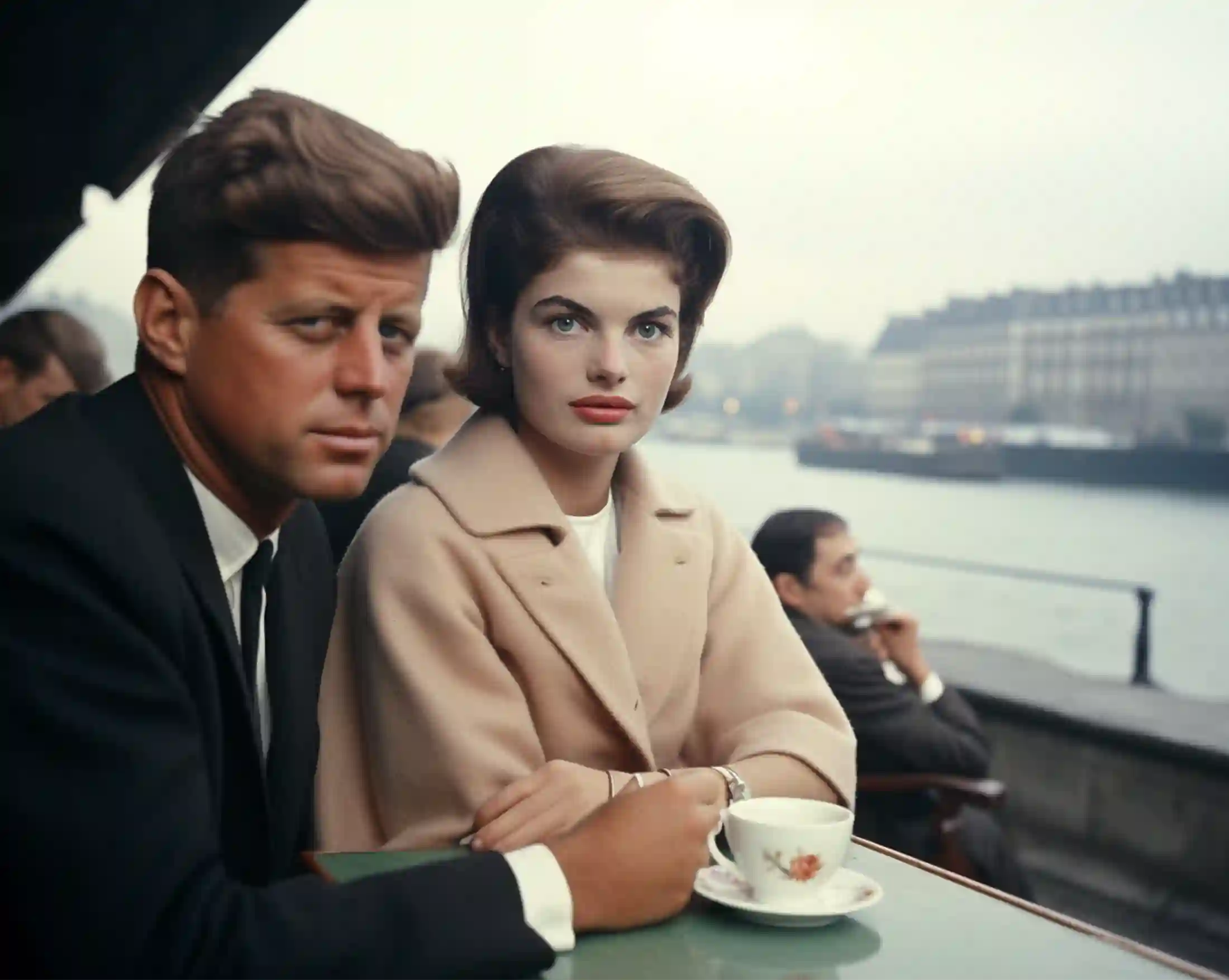US Präsident in den 50er-Jahren auf Sightseeing mit Frau, beide stehen an einem Stehtisch beim Kaffee trinken
