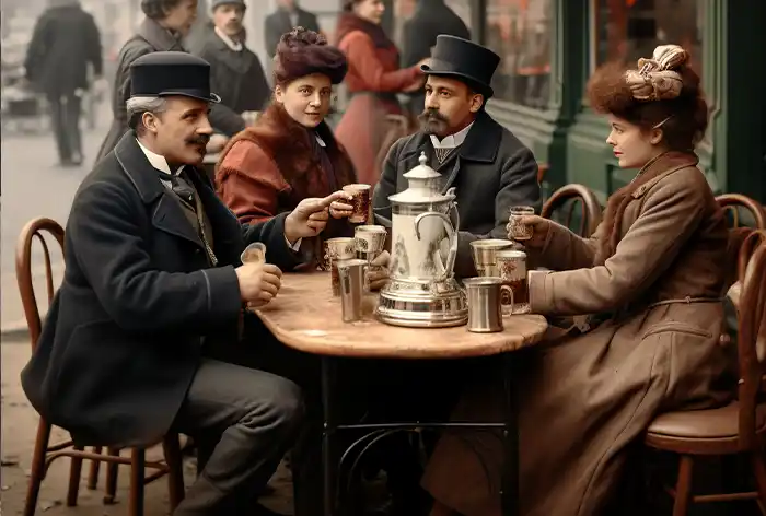 Kaffeehaus in Berlin im Jahr 1910 mit für die Zeit typischen Gästen diskutierend über Kaffee Wissen