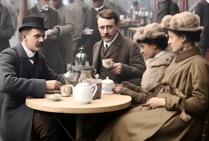 Kaffeehaus in Berlin im Jahr 1910 mit für die Zeit typischen Gästen beim Kaffee trinken, diskutierend über Kaffee Wissen