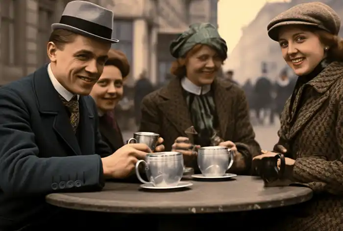 Kaffeehaus in Berlin im Jahr 1920 mit für die Zeit typischen Gästen sowie einem Barista im Hintergrund beim Kaffee trinken, diskutierend über Kaffee Wissen