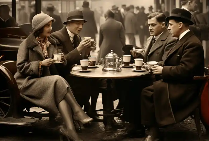 Kaffeehaus in Berlin im Jahr 1930 mit für die Zeit typischen Gästen und einem Barista beim Kaffee trinken, diskutierend über Kaffee Wissen