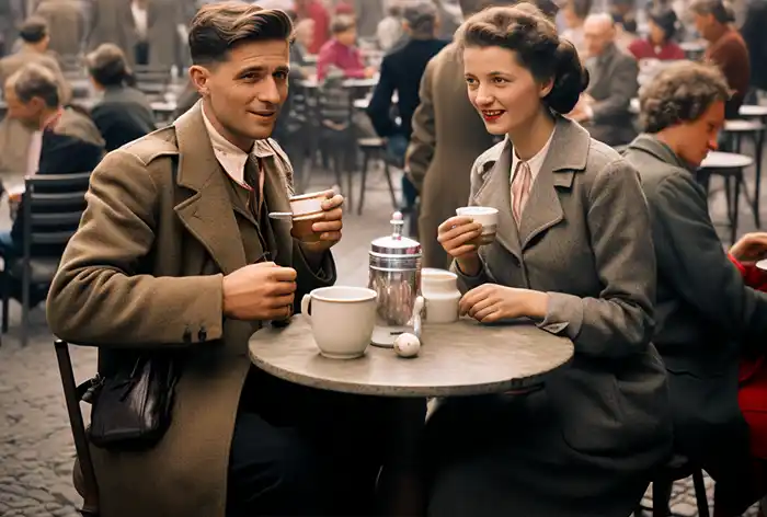 Kaffeehaus in Berlin im Jahr 1940 mitten im Krieg mit für die Zeit typischen Paar beim Kaffee trinken, diskutierend über Kaffee Wissen