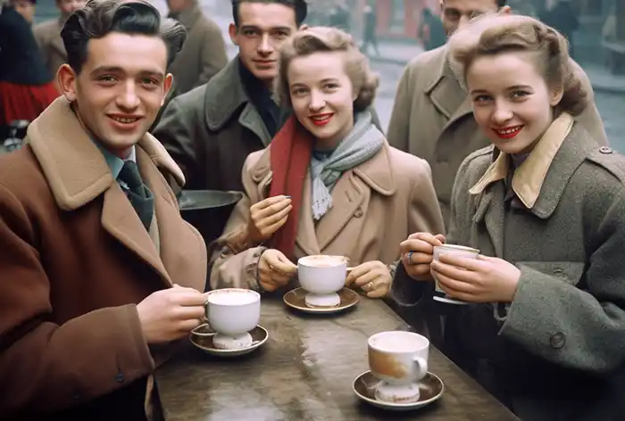 Kaffeehaus in Berlin im Jahr 1950 mit typischen Gästen und Barista beim Kaffee trinken, diskutierend über Kaffee Wissen