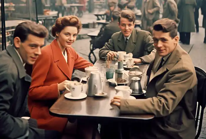 Kaffeehaus in Berlin im Jahr 1960 mit für die Zeit typischen Gästen und Barista beim Kaffee trinken