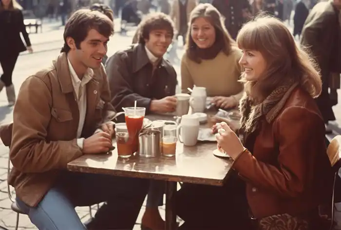 Kaffeehaus in Berlin im Jahr 1970 mit für die Zeit typischen Gästen und Barista beim Kaffee trinken