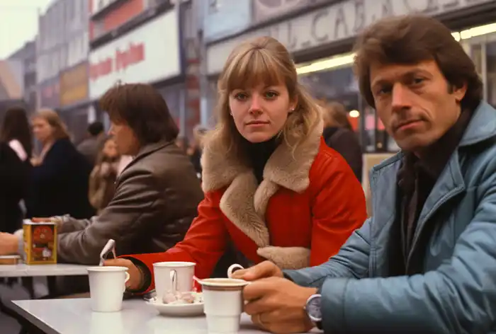 Paar in Berlin im Jahr 1980 an einem Tisch in einem Café im Freien