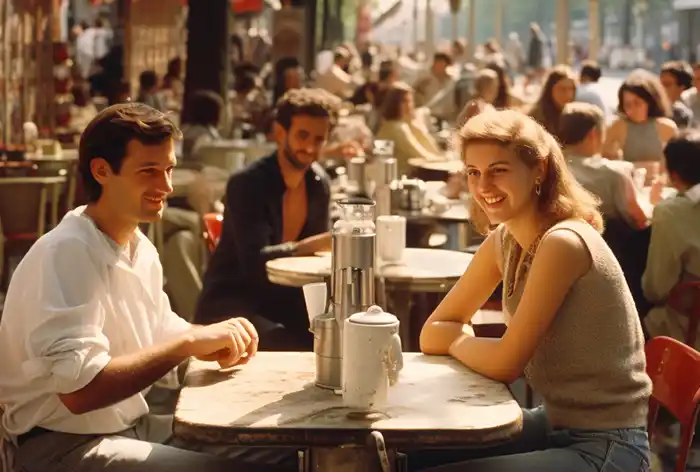 Kaffeehaus in Berlin ungefähr im Jahr 1990 mit für die Zeit typischen Gästen beim Kaffee trinken, diskutierend über Kaffee Wissen