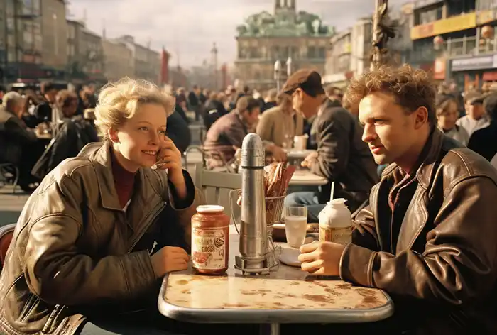 Kaffeehaus in Berlin im Jahr 20o0 mit für die Zeit typischen Pärchen beim Kaffee trinken, diskutierend über Kaffee Wissen