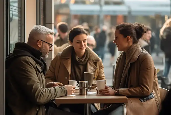 Kaffeehaus in Berlin im Jahr 2020 mit für die Zeit typischen Gästen beim Kaffee trinken, diskutierend über Kaffee Wissen
