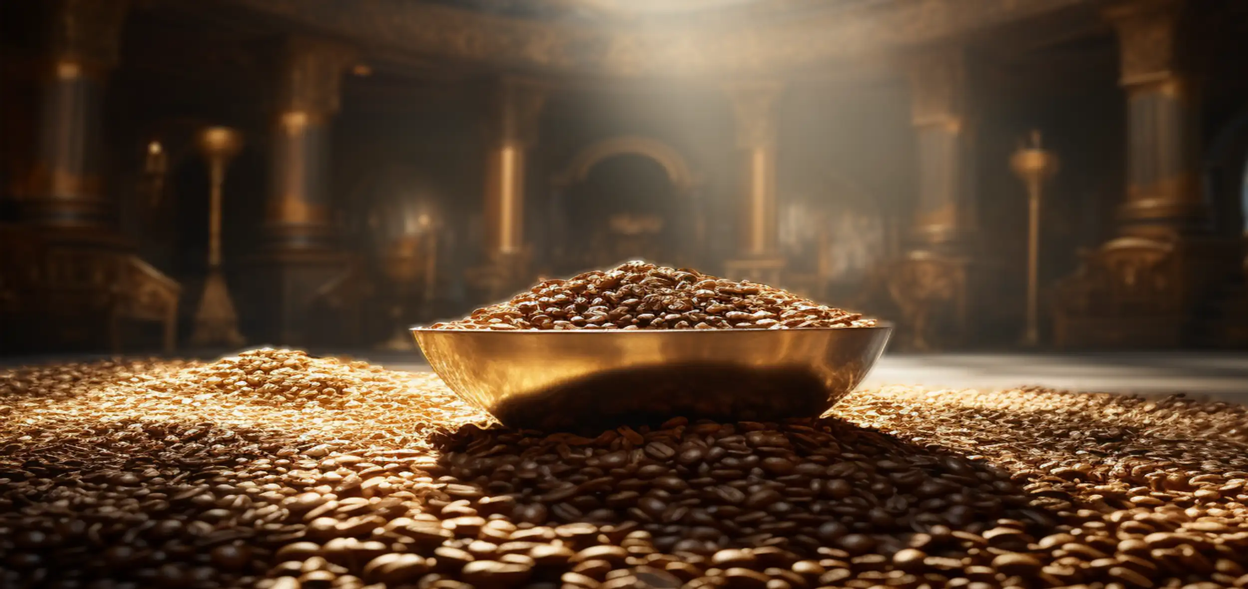 Kaffeebohnen für Kaffee Crema in einem mystischen Raum voller Gold, als Angebot für den Ankömmling