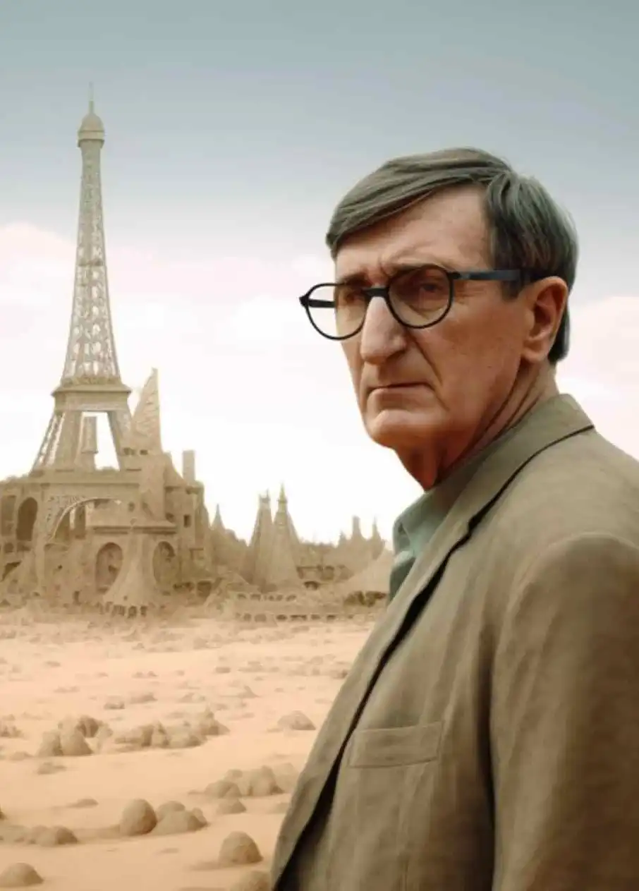 Soziologe Bruno Latour vor den Eiffelturm und inmitten einer Wüstenlandschaft … nach Pandemie