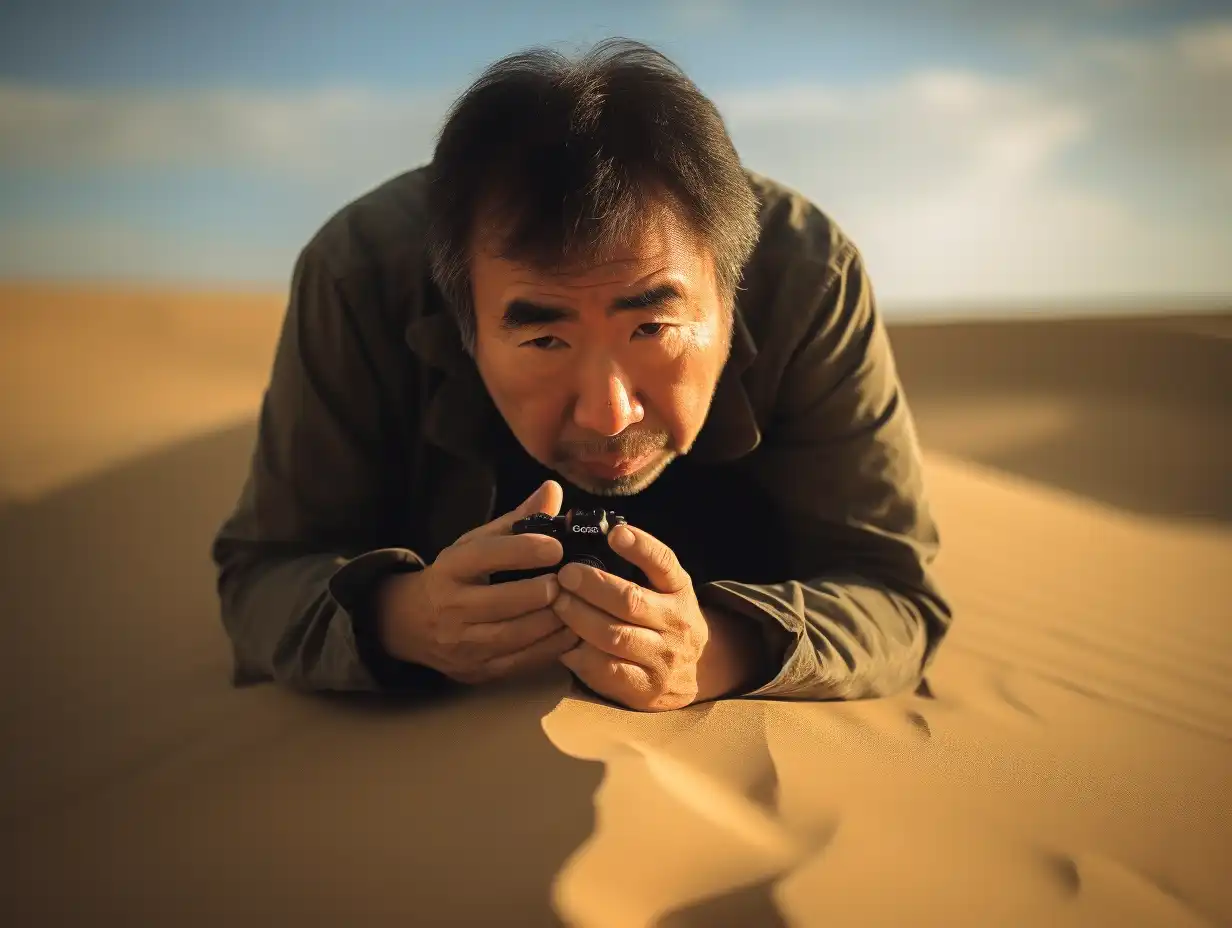 Schriftsteller, Bestsellerautor aus Japan, Haruki Murakami in der Wüste nach etwas suchend