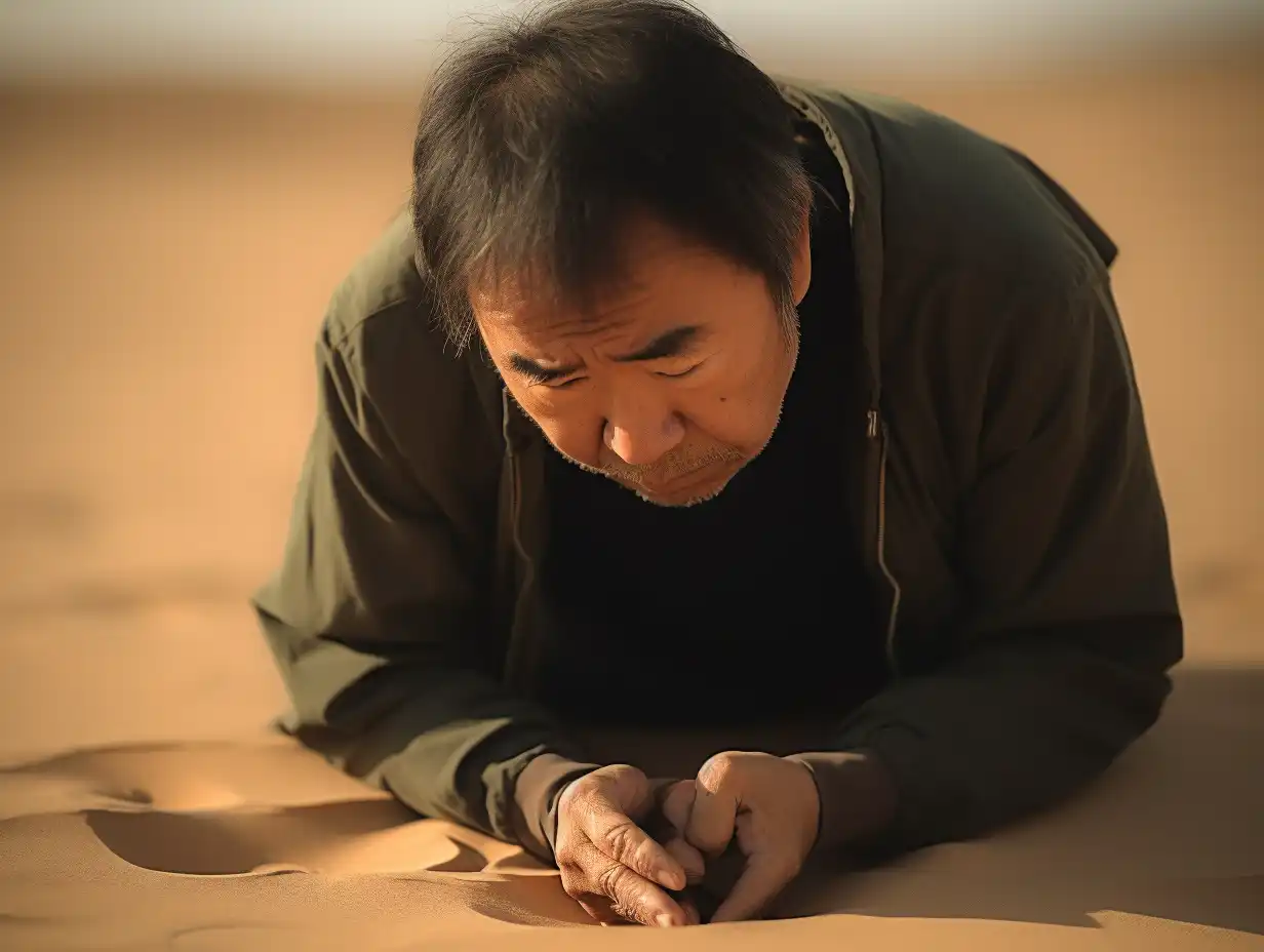 Haruki Murakami in der Wüste liegend. Der Bestsellerautor, genesen von Corona und aus Japan hat etwas in den Händen, was es ist, ist nicht zu erkennen.
