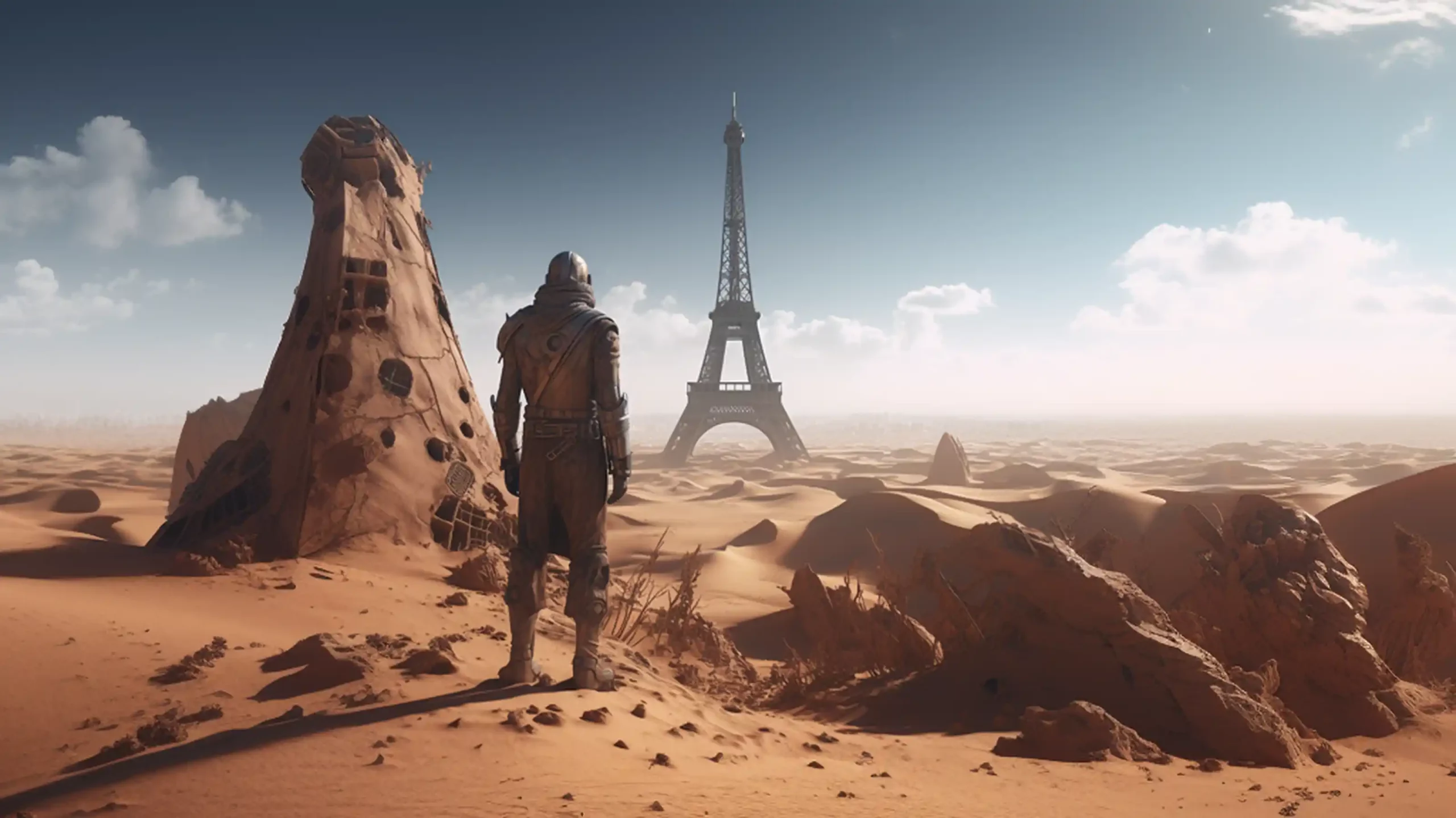 Dystopisches Bild. Soziologe in Wüste nach einer Pandemie vor Eiffelturm