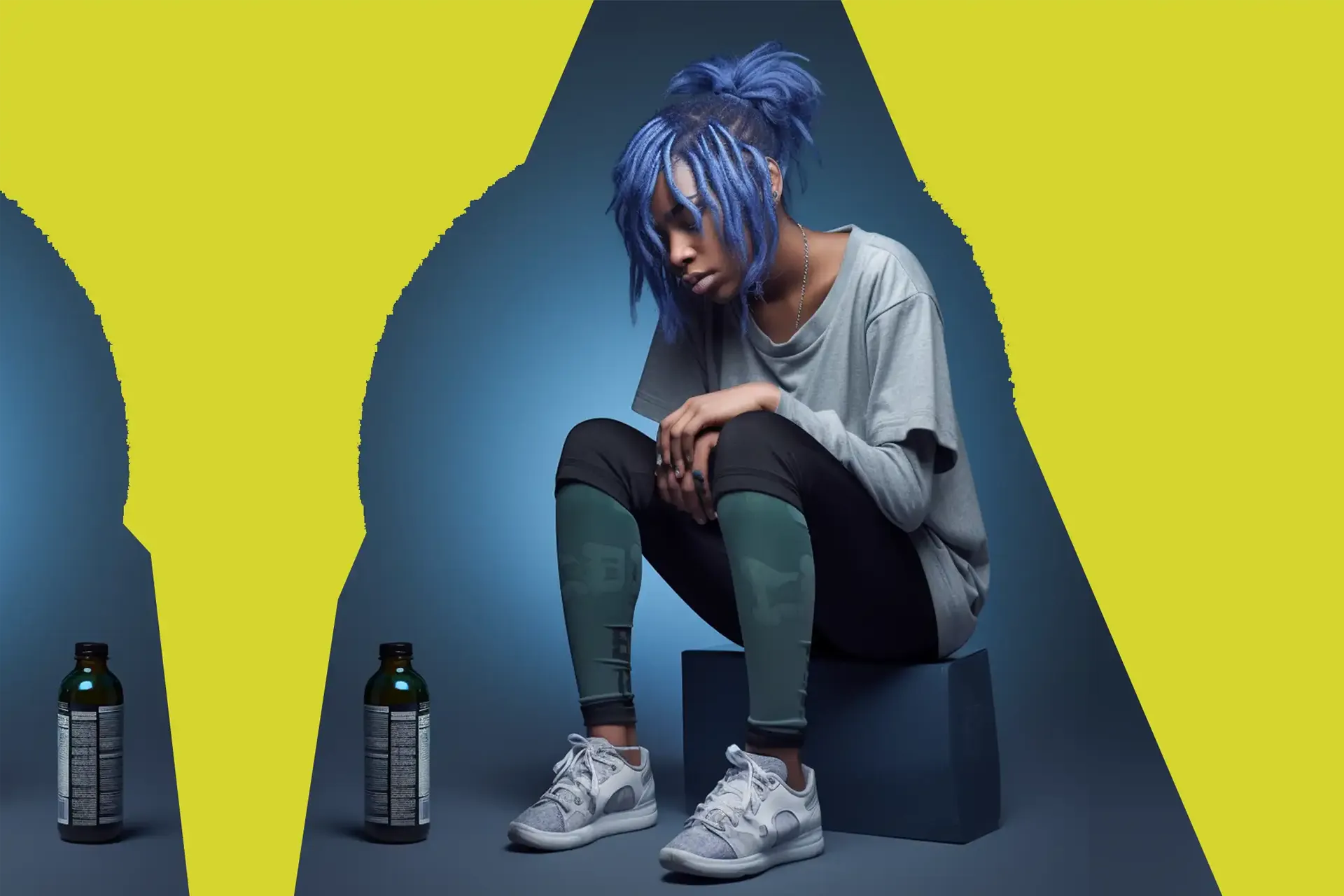 Dunkelhätife Frau mit lila Haaren sitzt vor einer Flasche mit Oliven oder Olivenöl