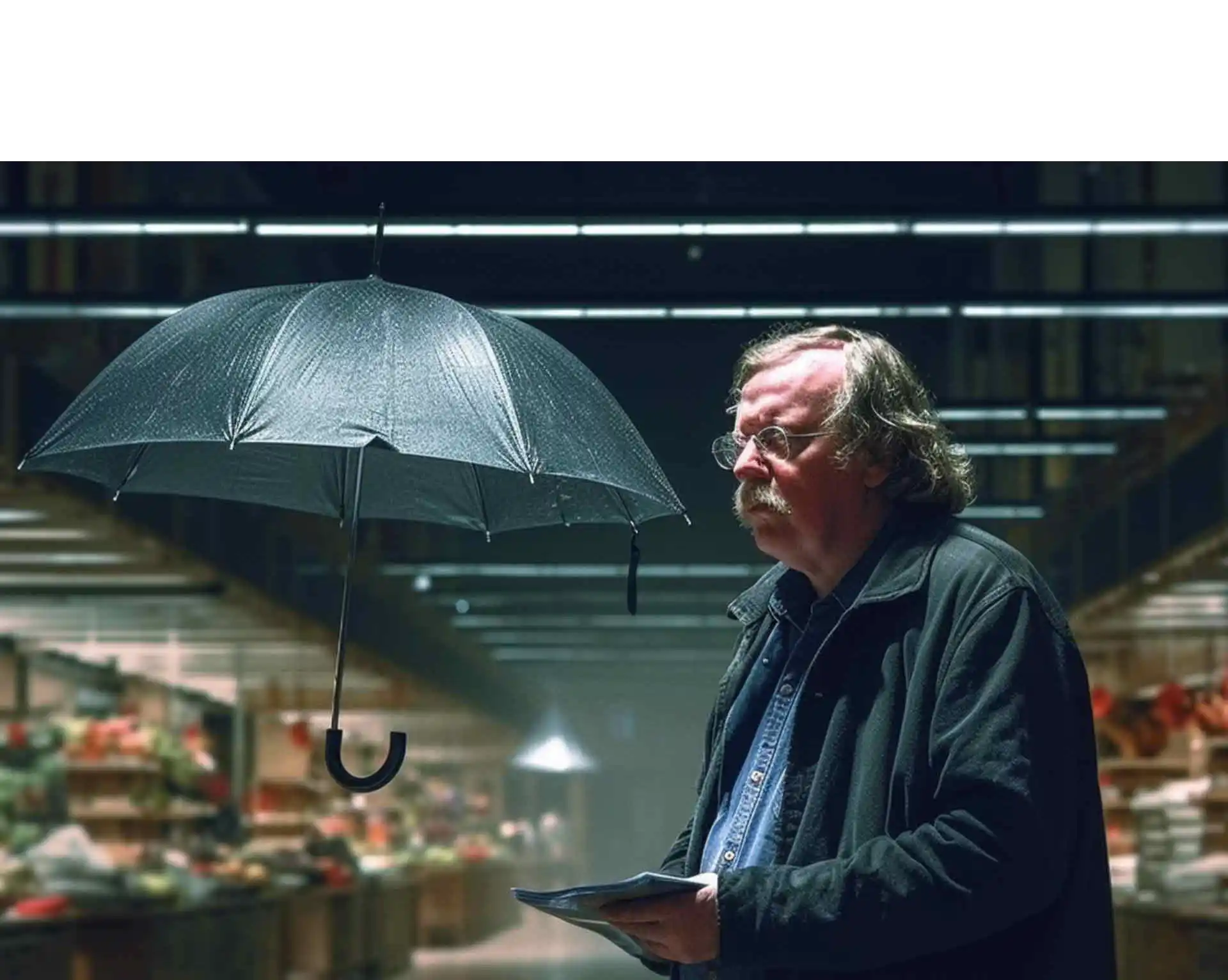 Peter Sloterdijk mit fliegendem Regenschirm und dies ohne Zynismus abgebildet im Stil von Spitzweg und somit als typisch deutscher Philosoph