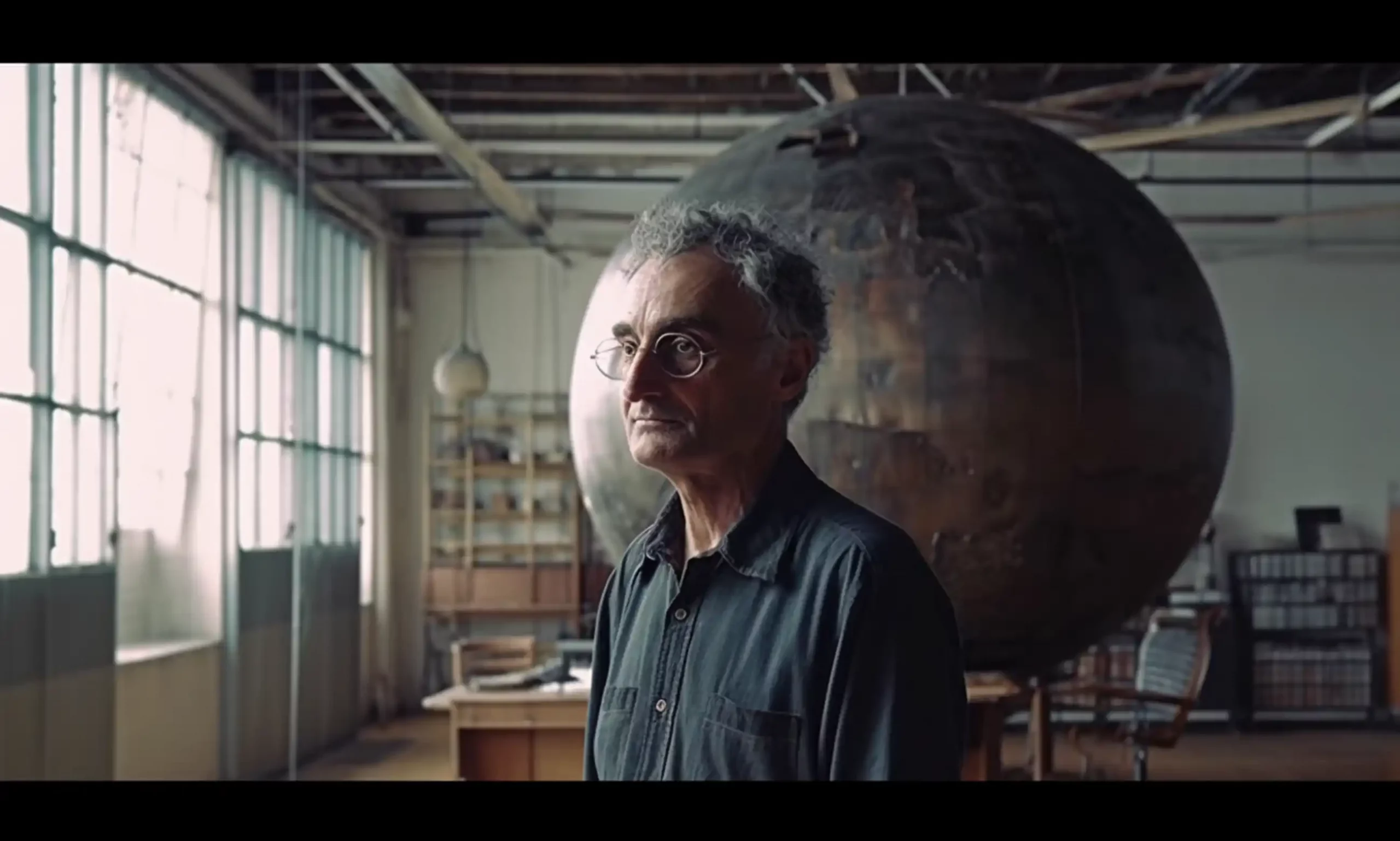 Fritjof Capra in einem Atelier vor einer Weltkugel die die Gaia Theorie der New-Age-Bewegung verkörpert