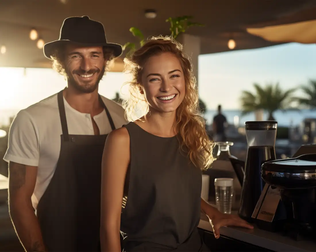 Paar in Kaffee, Kaffeevollautoamt und French Press im Hintergrund