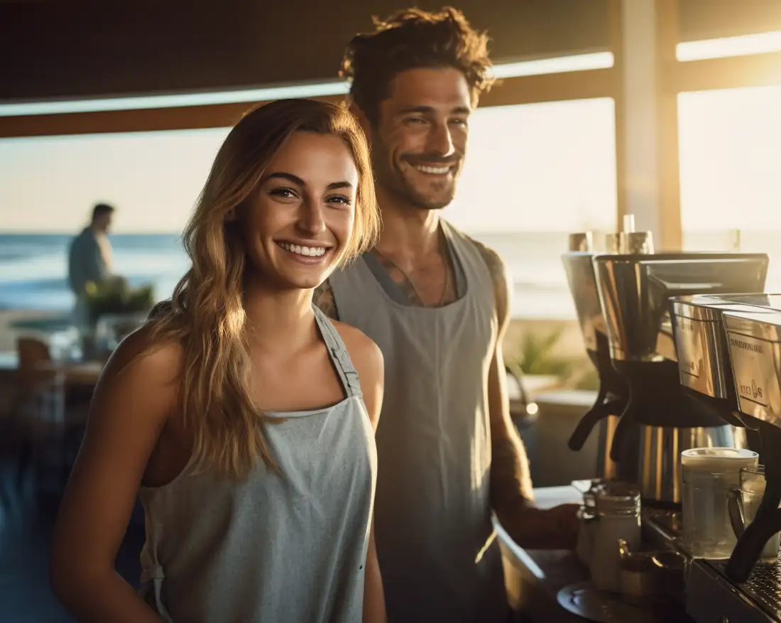 Paar in Kaffee, Kaffeevollautoamt und French Press im Hintergrund