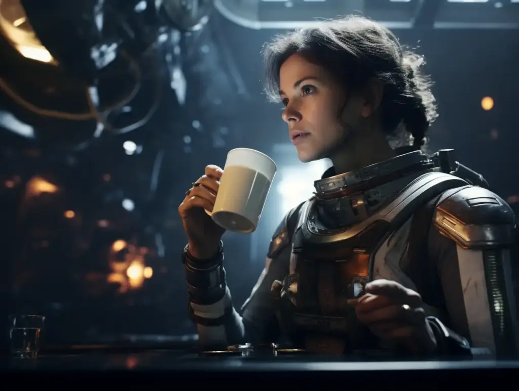Frau in Raumanzug trinkt Kaffee im Weltraum aus speziellem Lavazza Kaffeebecher