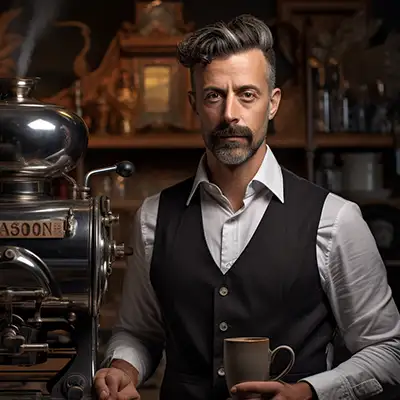 Mann mit erster Espressomaschine oder Vorläufer von Kaffeemaschine, 1902 Jahr