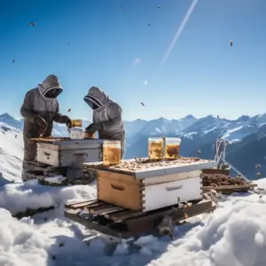 Bienen im Schnee, hohe Berge, Imker mit Imkeranzügen neben den Bienenkörben