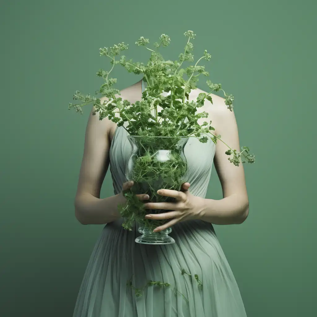 KI Bild, Kunst, Frau ohne Kopf hält Blumenvase mit Majoran, Hintergrund Grün