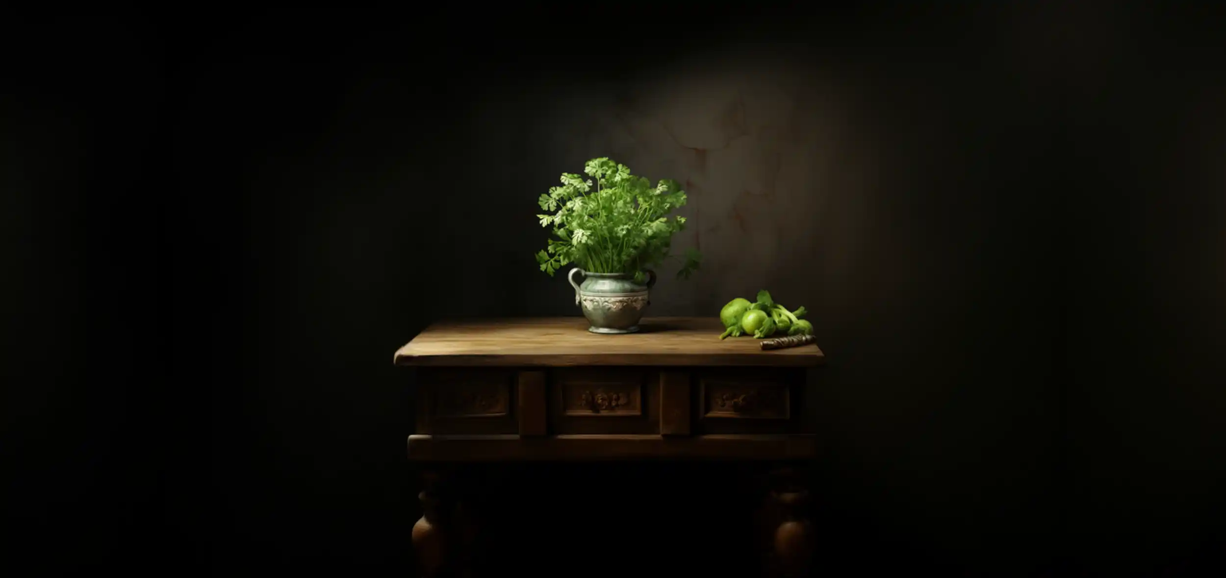 Krause Petersilie in einer Vase, auf Kommode, Gemälde, dunkle Fraben
