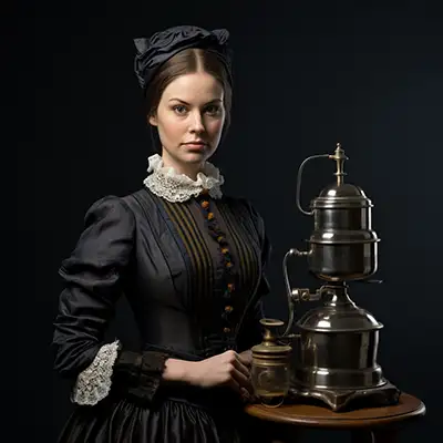 alte Kaffeemaschine oder Espressomaschine, daneben steht eine Frau oder Bedienstete, 18. Jahrhundert