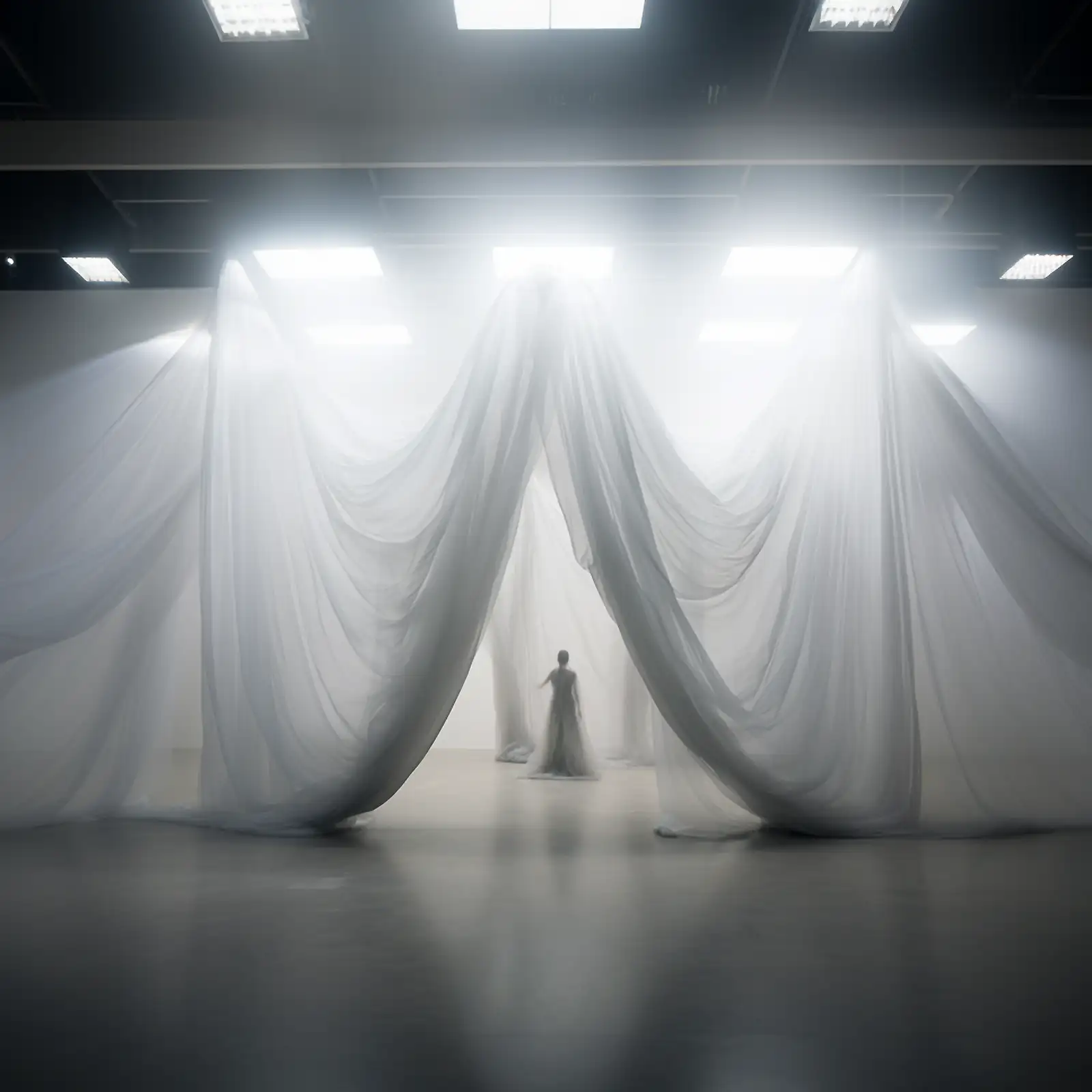 Bild einer Ausstellungshalle für eine Vernissage, Frau in Gewändern, Gewändern hängen von der Decke