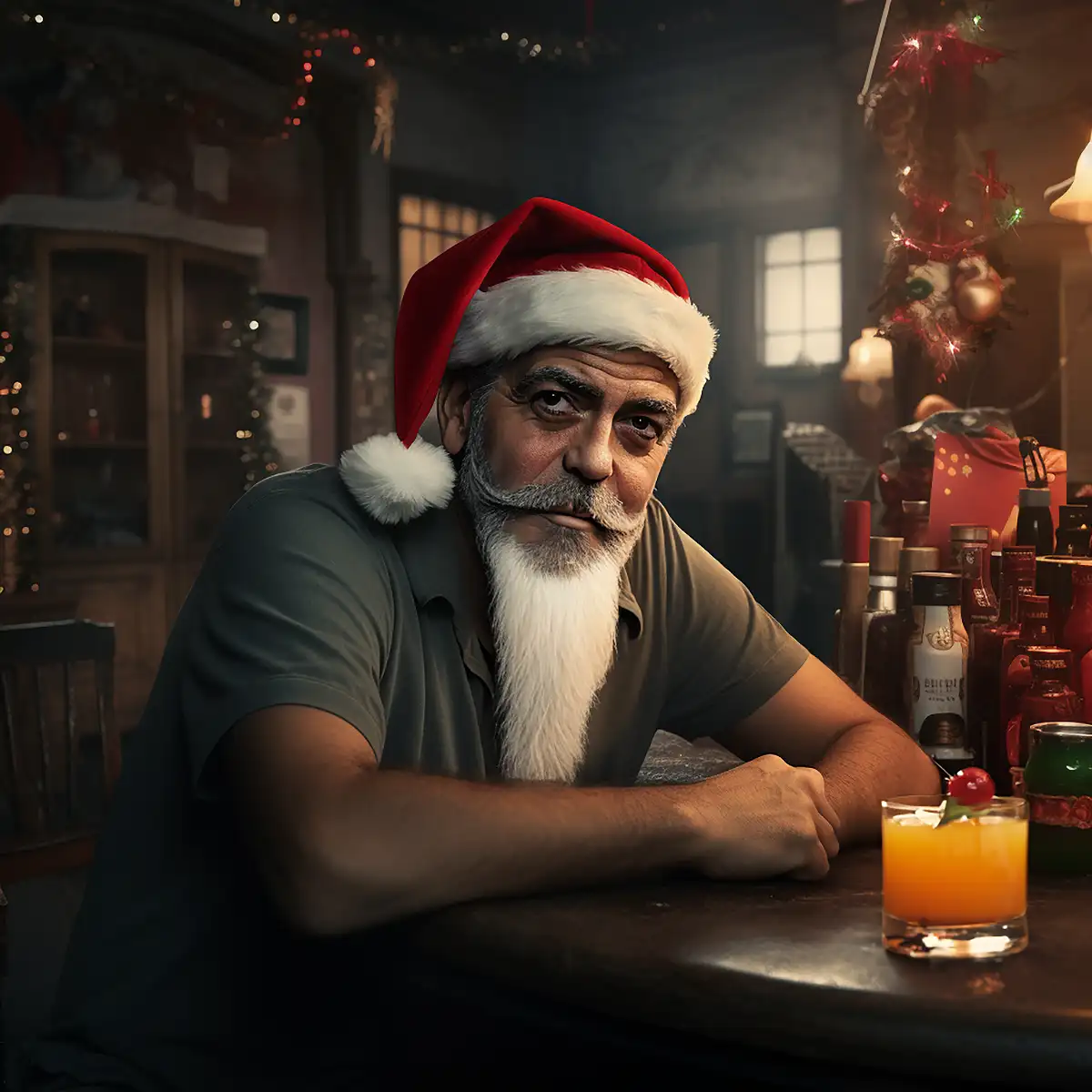 Weihnachtsmann in Bar mit Longdrink für Bild KI-Weihnachtskalender, KI-Adventskalender bzw. KI-Kalender