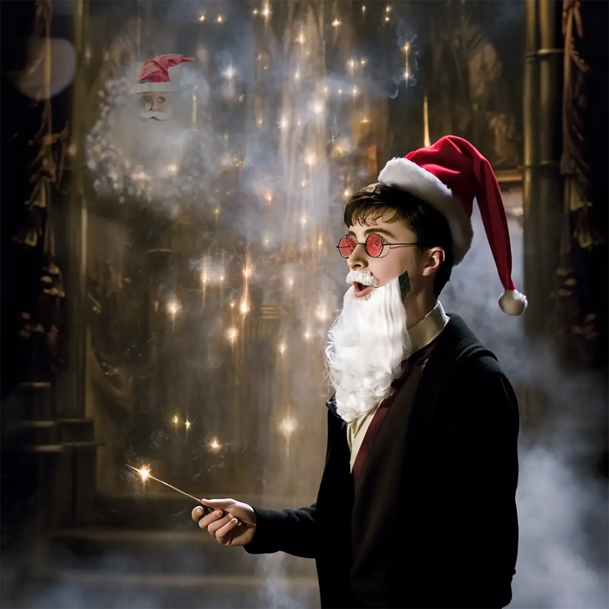 Harry Potter zaubert auf einer Bühne einen Weihnachtsmann hervor