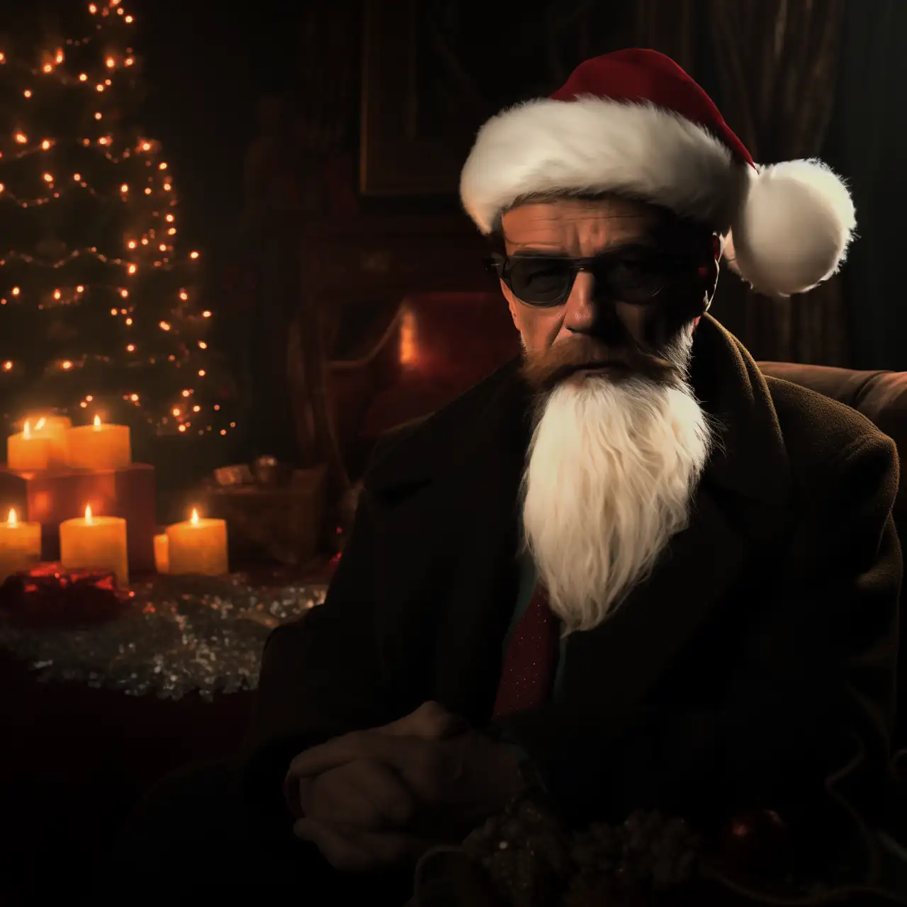 Mann mit Weihnachtsmütze und Sonnenbrille für Bild KI-Weihnachtskalender, KI-Adventskalender bzw. KI-Kalender