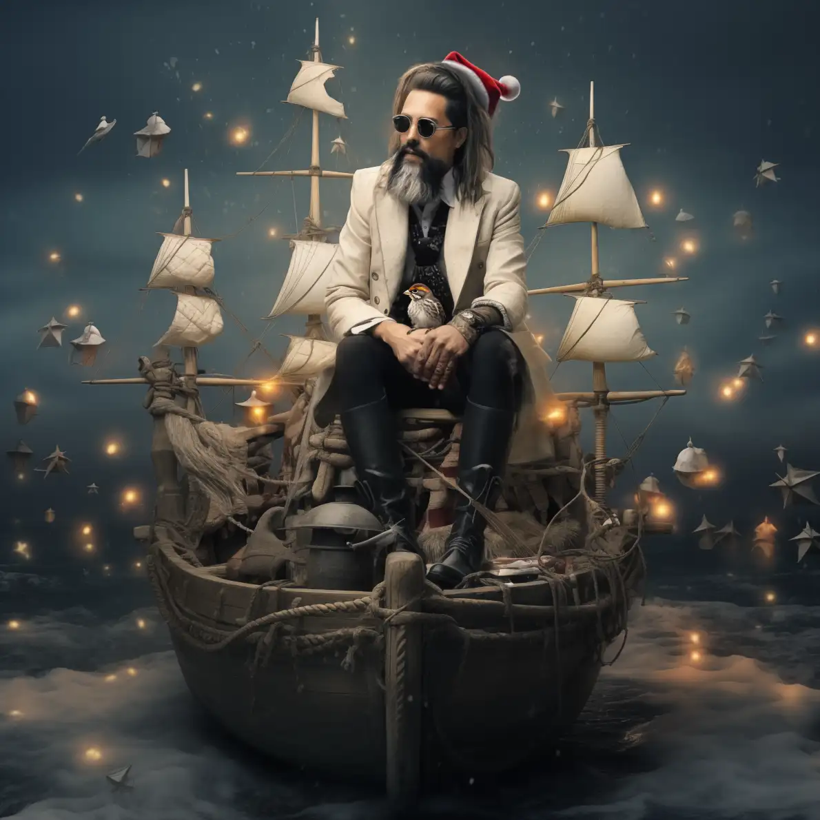 Schauspieler auf Schiff bzw, Piratenschiff für Bild KI-Weihnachtskalender, KI-Adventskalender bzw. KI-Kalender