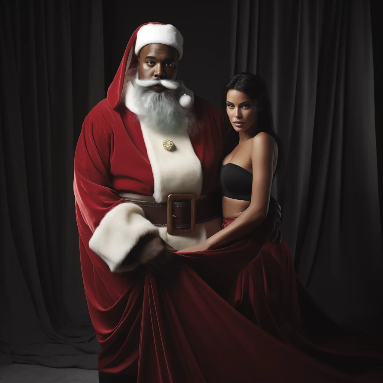 Superstar als Weihnachtsmann mit Sack und schöner Frau – für Bild KI-Weihnachtskalender, KI-Adventskalender bzw. KI-Kalender