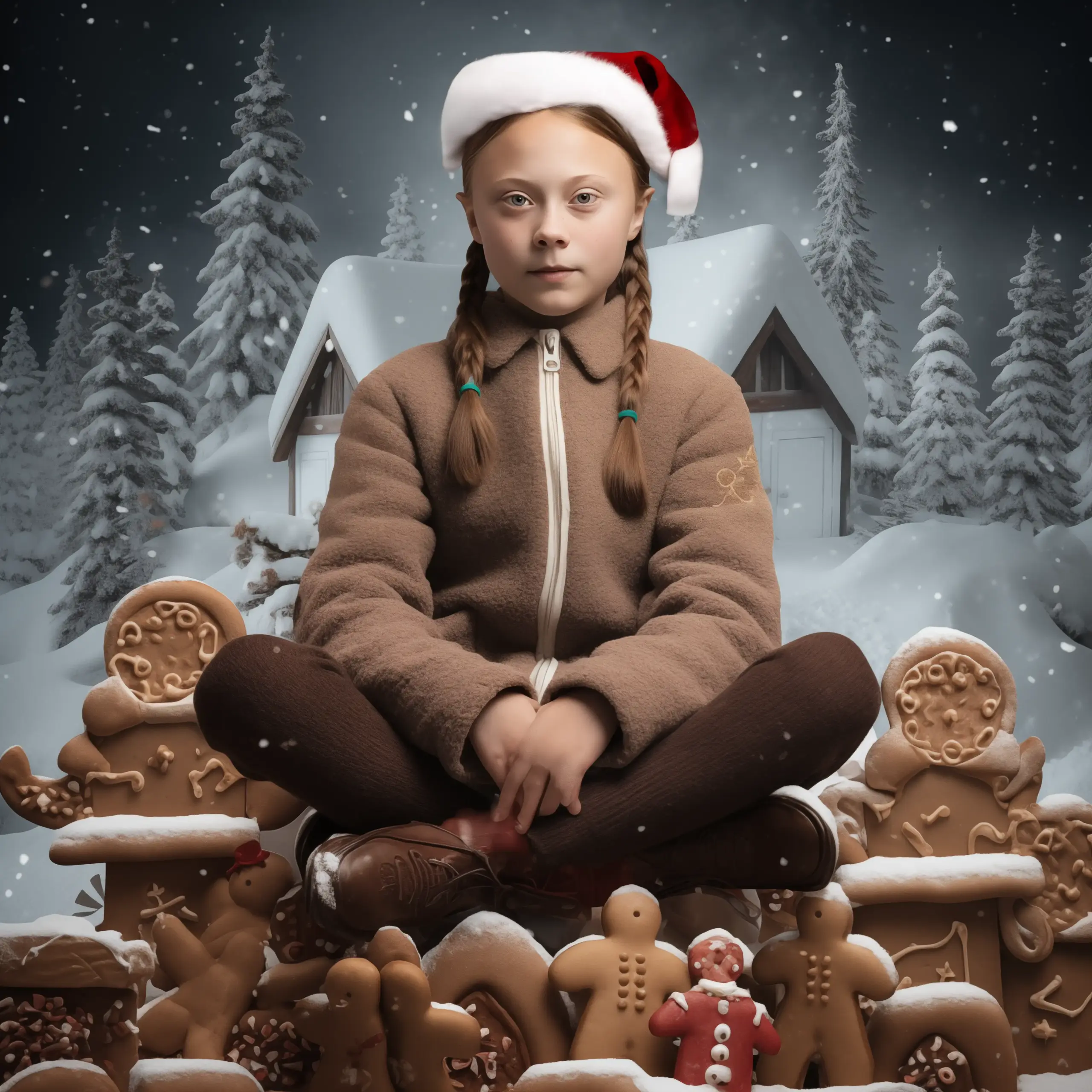 Greta Thunberg im Schnee vor Lebkuchen