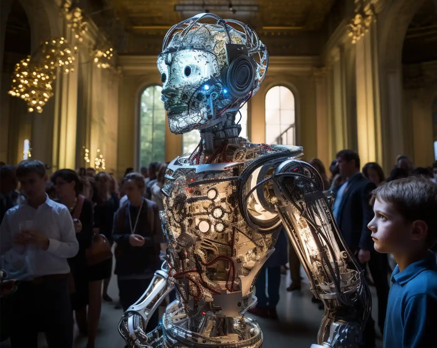 KI-Kunst Ausstellung in Paris. Im Zentrum ein von innen leuchtender Roboter, der künstliche Intelligenz Kunst an sich symbolisiert.