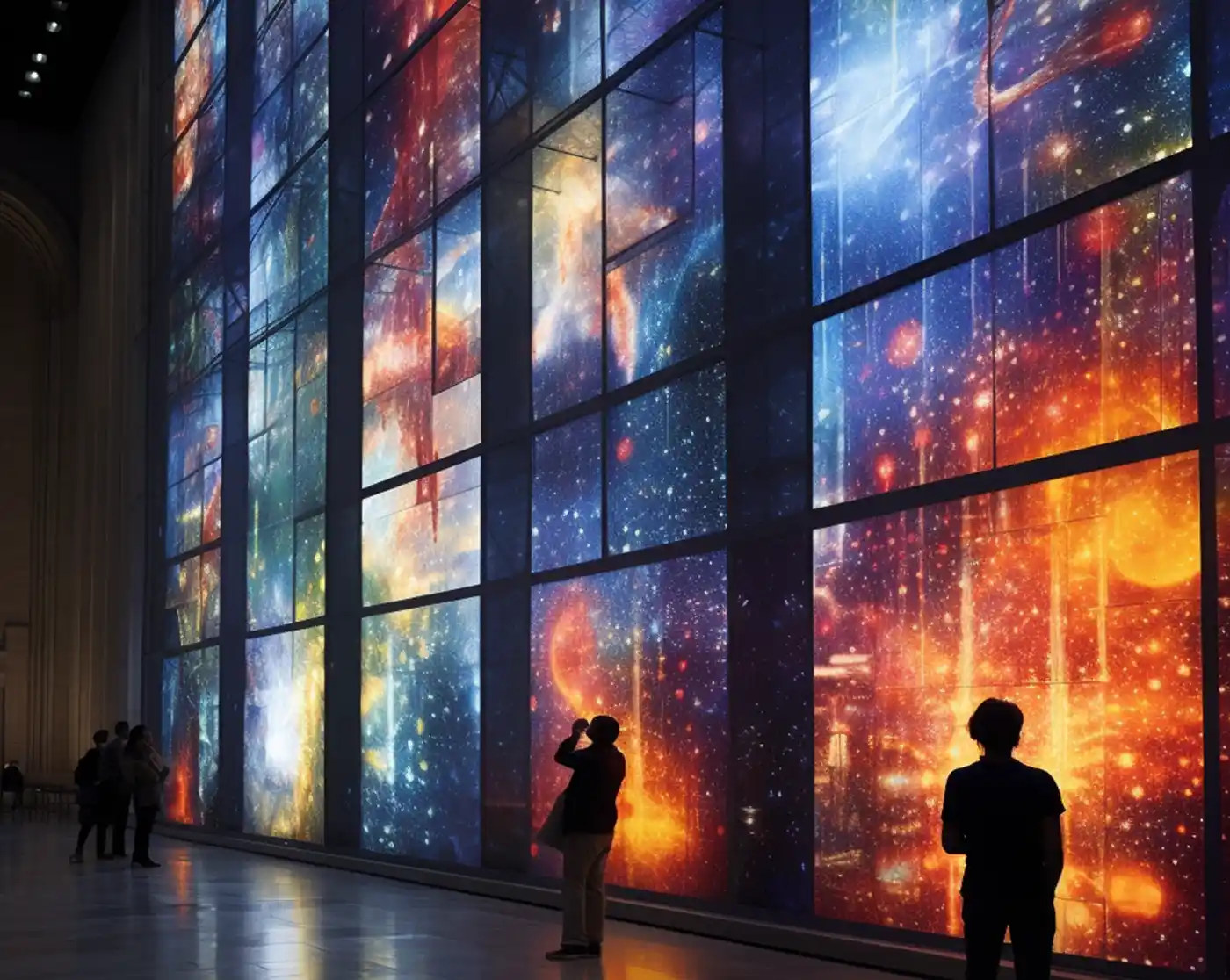 Große Halle mit Menschen vor Wänden, die interaktive AI-Kunst aufweisen. Die künstliche Intelligenz Kunst ist hier die bunte KI-Kunst Wand selbst.