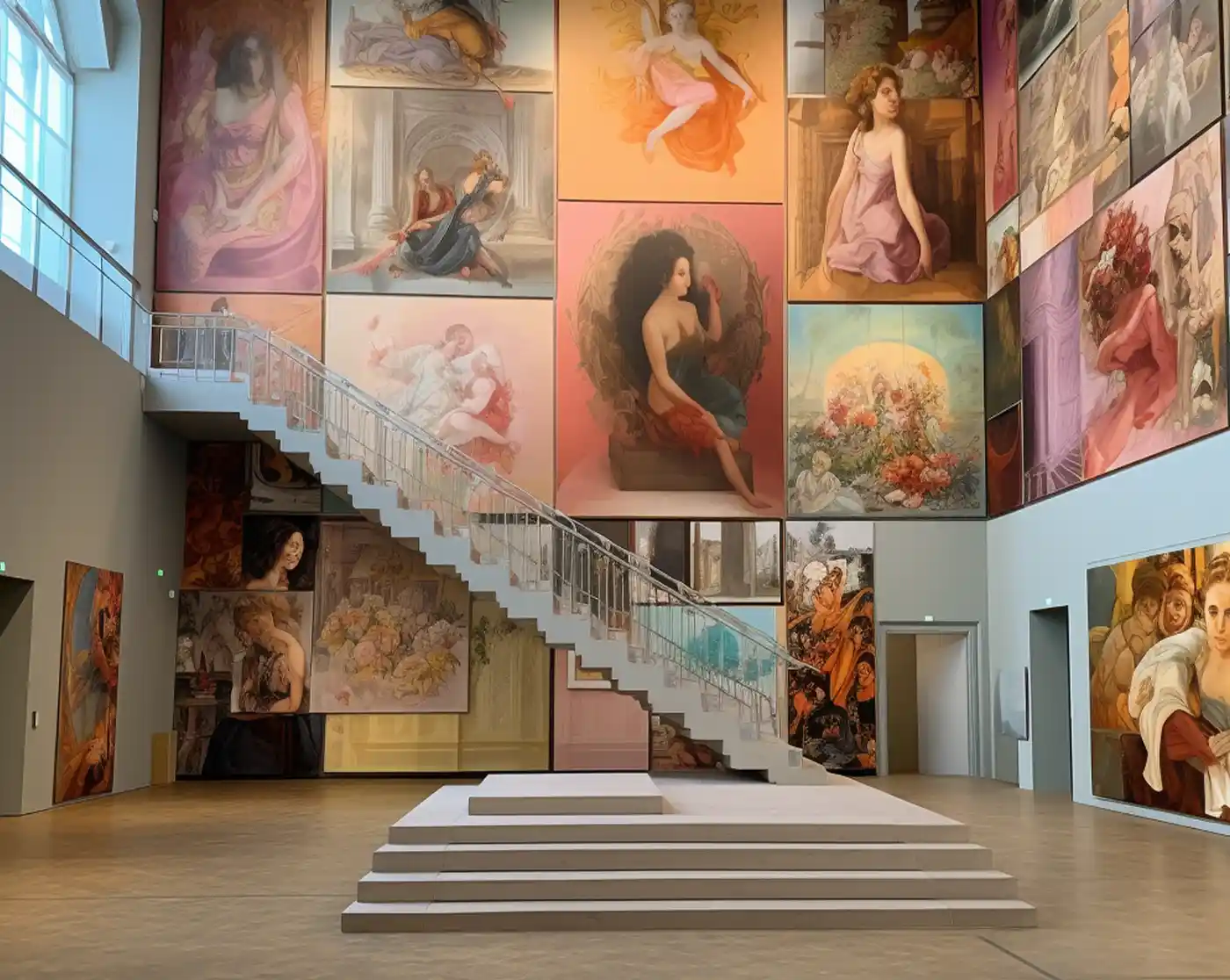 Halle mit Treppe und Bildern aus dem Bereich AI-Kunst. Die künstliche Intelligenz Kunst befindet sich hier an der Wand selbst.