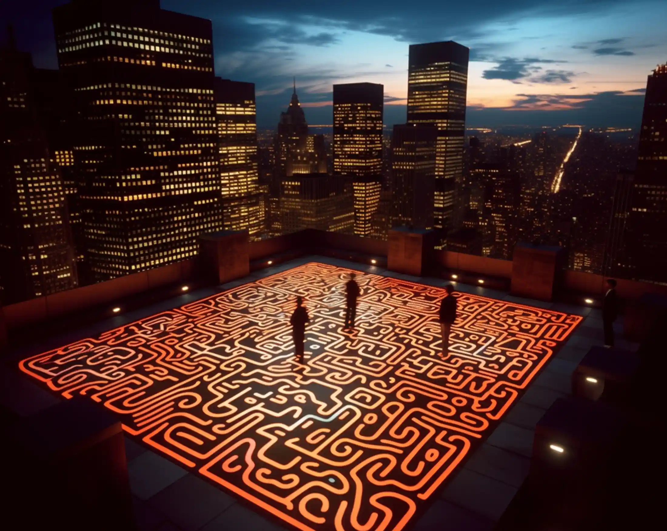 AI-Kunst bzw. Kunstwerk auf dem Dache eines Hochhauses in New York. Die künstliche Intelligenz Kunst ist hier der leuchtende Boden selbst.