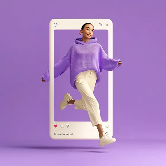 Frau springt aus iPhone, symbolosiert das Thema KI Kurzfilm Social Media und KI Film Agentur für Social Media