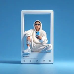 Mann sitzt in einem übergroßen iPhone, symbolisiert das Thema KI Kurzfilm Social Media und KI Film Agentur für Social Media