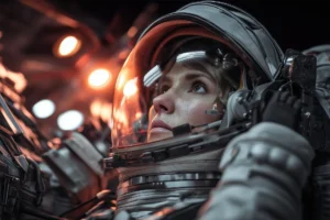 Schöne Frau in Astronautenanzug und Raumfähre, Bild symbolisiert das Thema KI Film in Auftrag geben