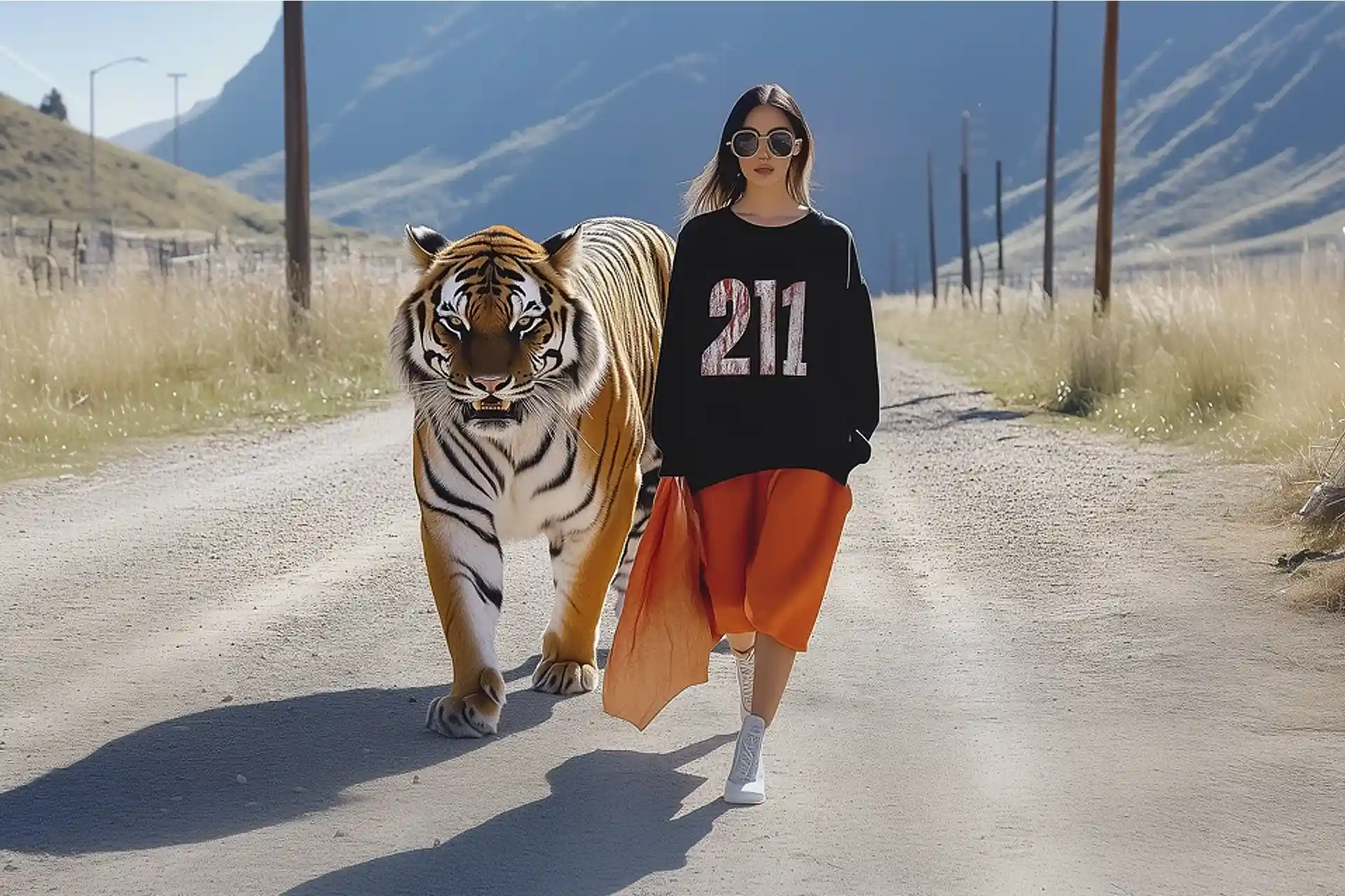 Frau mit Tiger in Bergiger Gegend