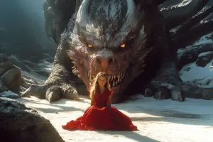 KI-Video-Erstellung: Mädchen im Gebirge, hinter dem Kind istein großer Drache