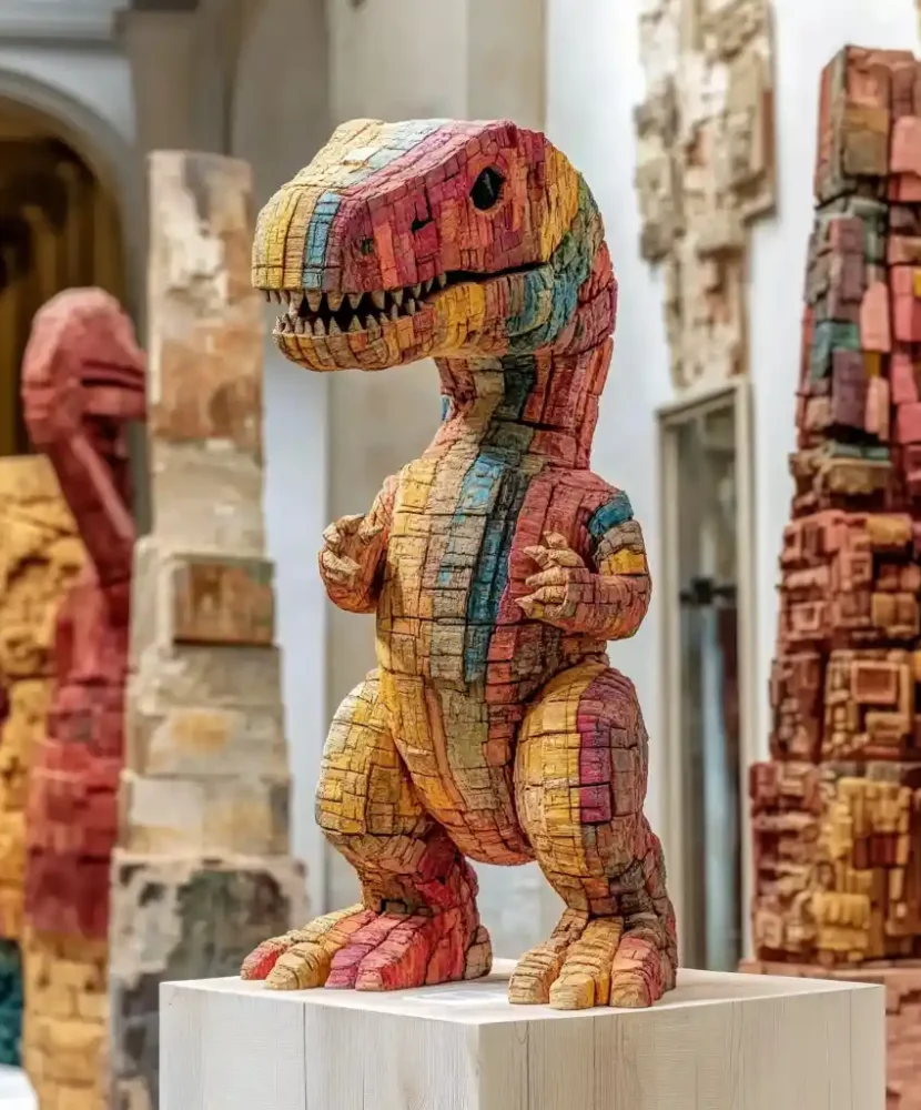 Holzskulptur im Vordergrund, ein Dinosaurier als Skulptur. Aus einer Kunstausstellung zu Kreative künstliche Intelligenz und innovative KI-Kunst